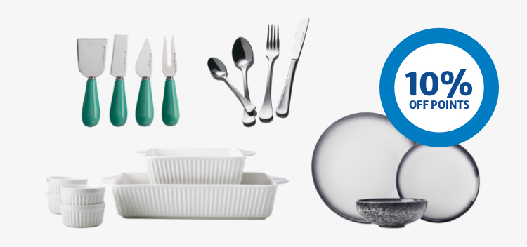 Maxwell & Williams crockery and cutlery next to 10% off points ring