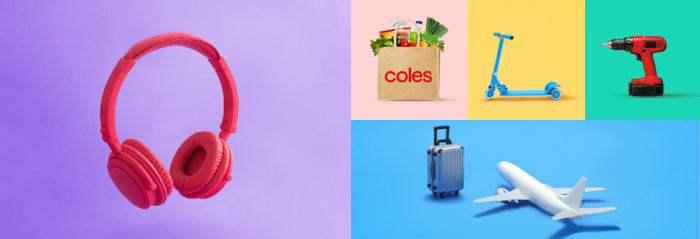 More Places. More Rewards. Red headphones, red electric drill, coles shopping bag with produce and a white model plane next to a suitcase