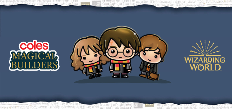 Cartoon drawings of Hermione Granger, Harry Potter and Ron Weasley on a blue background next to text: Coles Magical Builders and Wizarding World