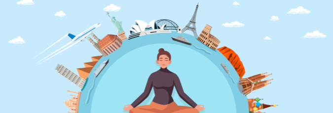 Get healthy with HCF and win big with Flybuys travel women sitting crossed legged with a globe featuring the world's top destinations