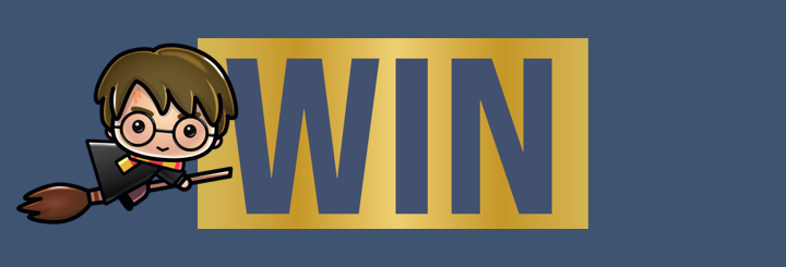 Win a Magical Trip for four to London Cartoon Harry Potter on a flying broomstick next to Win text