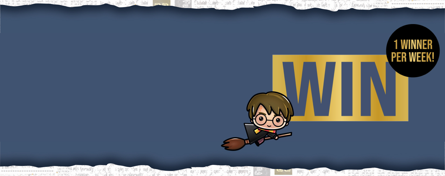 Cartoon Harry Potter flying on broomstick next to Win, 1 winner per week text