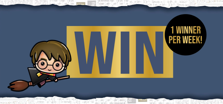 Cartoon Harry Potter flying on broomstick next to Win, 1 winner per week text