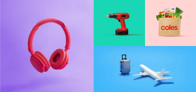 Red headphones, red electric drill, coles shopping bag with produce and a white model plane next to a suitcase