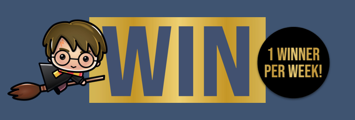 win Cartoon Harry Potter on a flying broomstick next to Win text and bubble with 1 to be won each week