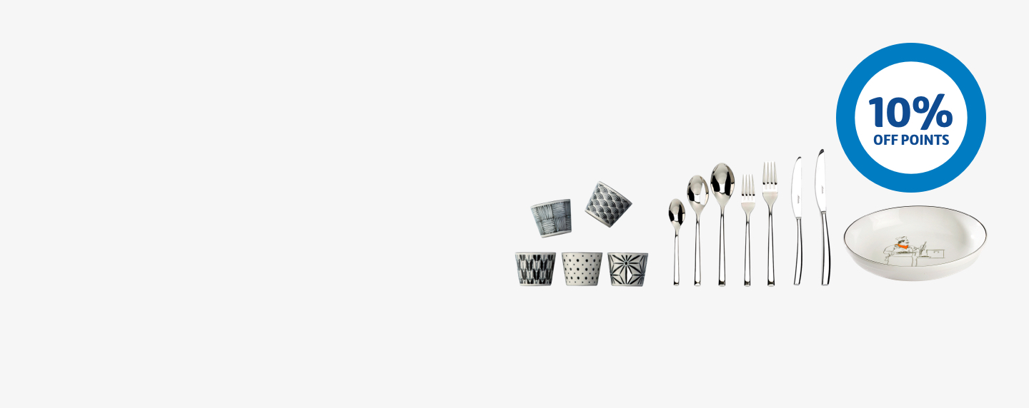 Espresso cups, cutlery, plate and 10% off points roundel