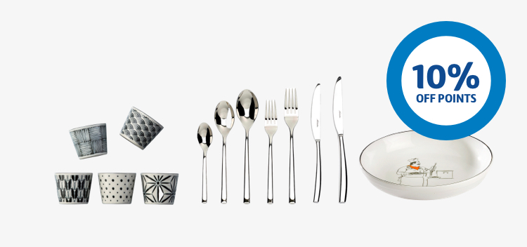 Espresso cups, cutlery, plate and 10% off points roundel