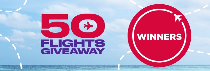 50 flight giveway Beach background with 50 flight giveway and winners in red roundel