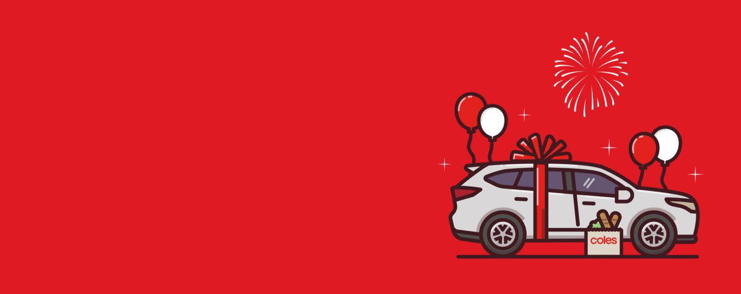 Car wrapped in a large bow next to Coles shopping bag, fireworks and balloons