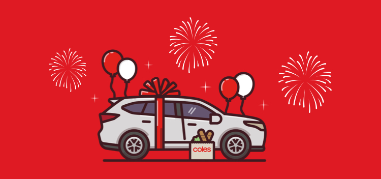Car wrapped in a large bow next to Coles shopping bag, fireworks and balloons
