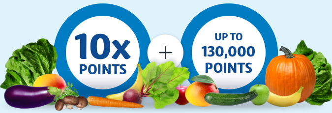 Choose health and points wealth with HCF 10x points roundel and up to 30,000 points roundel surrounded by fruit and vegetables and a coles shopping bag