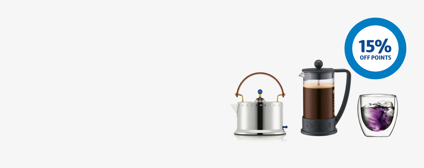 15% off points roundel by Bodum tea and coffee products