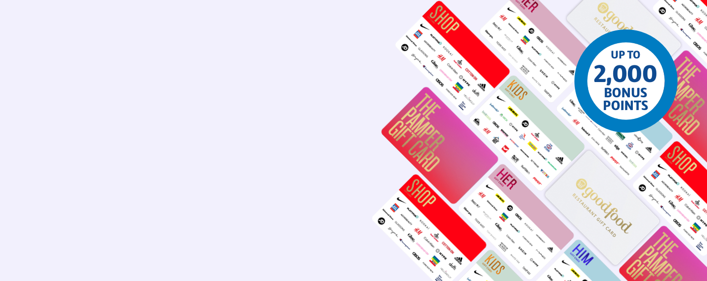 up to 2,000 bonus points roundel with an array of TNC gift cards