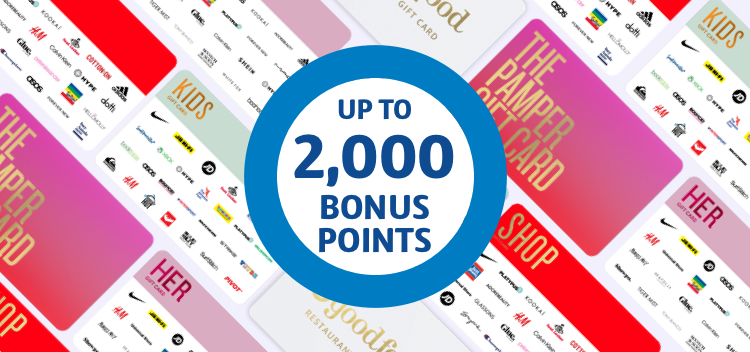 up to 2,000 bonus points roundel with an array of TNC gift cards