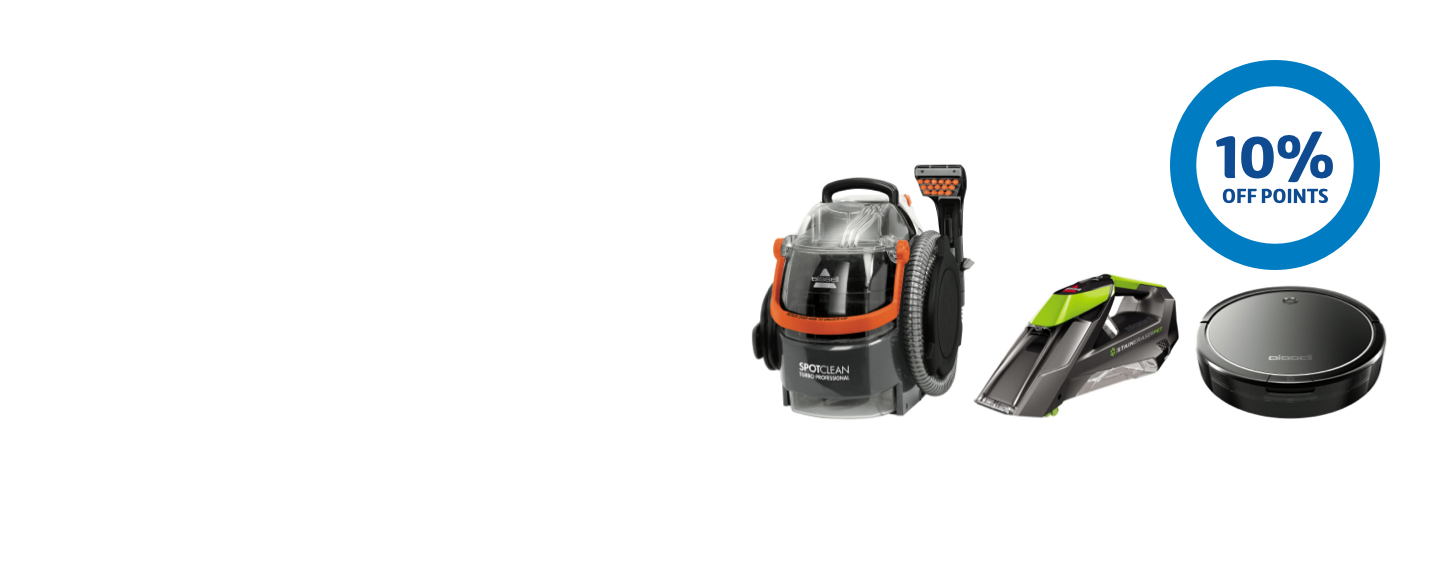 Assortment of cleaning appliances and 10% off points roundel
