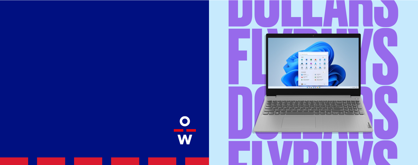 Open laptop on Flybuys Dollar background and Officeworks logo