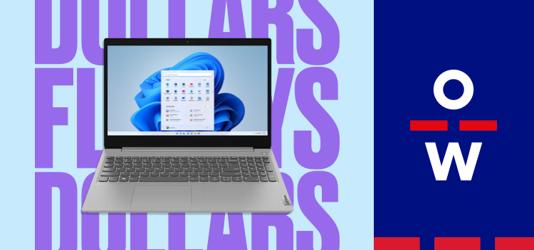 Open laptop on Flybuys Dollar background and Officeworks logo