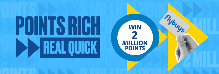 Win 2 million Flybuys points Win 2 million Flybuys points roundel and hand holding Flybuys card