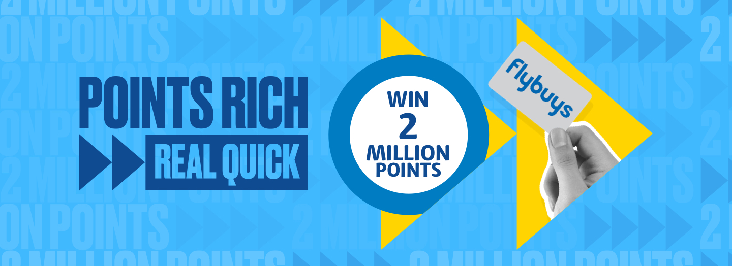 Win 2 million Flybuys points roundel and hand holding Flybuys card