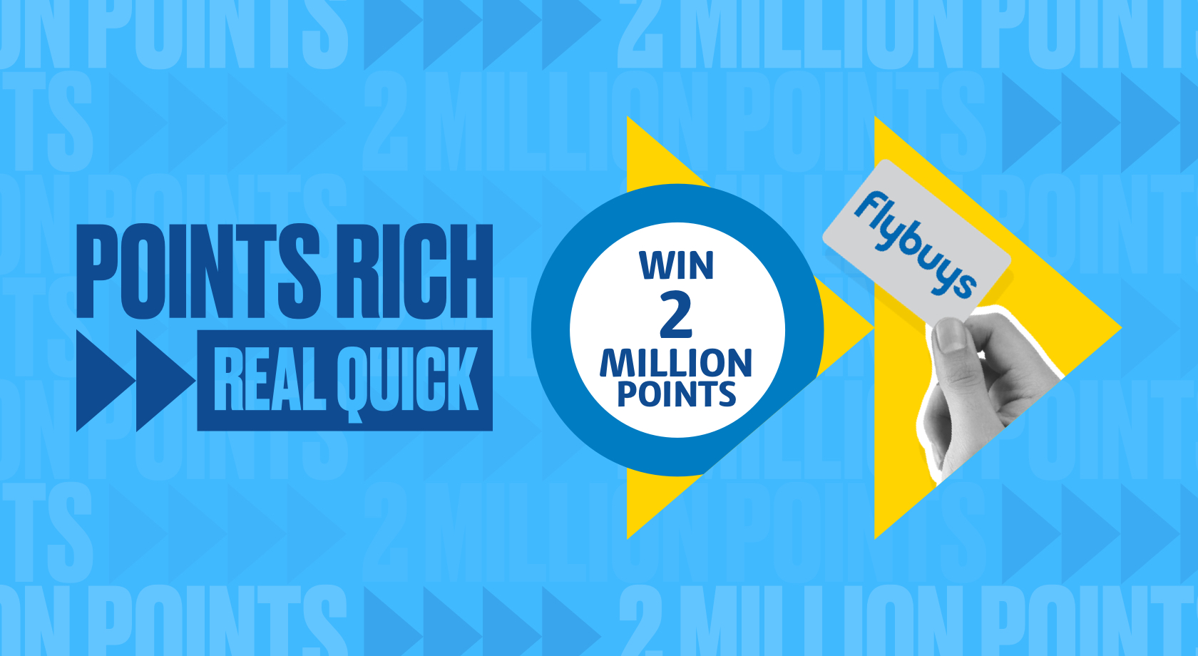 Win 2 million Flybuys points roundel and hand holding Flybuys card