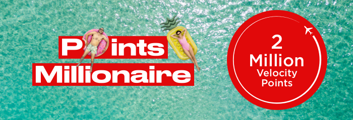 Points Millionaire is back 2 Million Velocity points roundel next to man and women on floaties on points millionaire