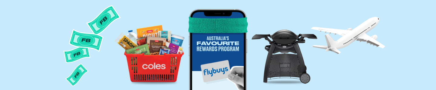 Smartphone showing Flybuys app with sweatband and Coles shopping basket, Weber BBQ, Flybuys dollars and plane taking off
