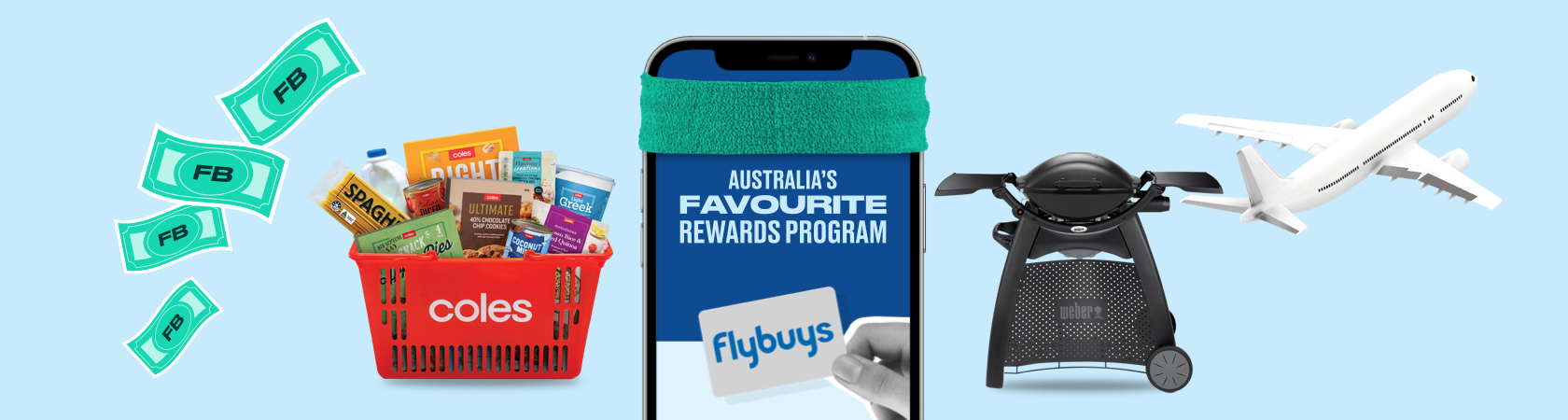 Smartphone showing Flybuys app with sweatband and Coles shopping basket, Weber BBQ, Flybuys dollars and plane taking off