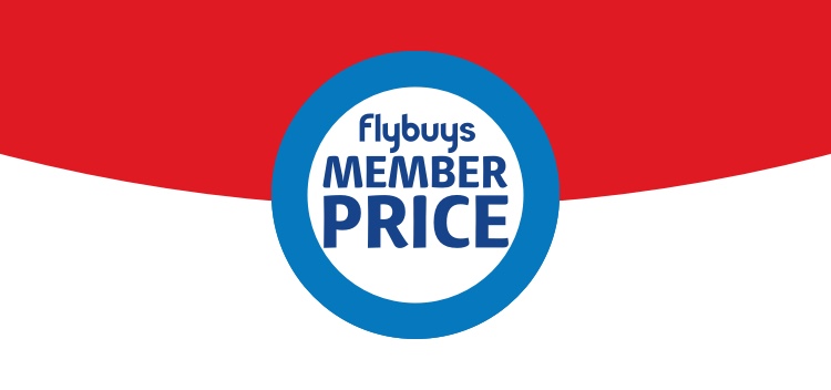 Flybuys member price roundel on red and white background