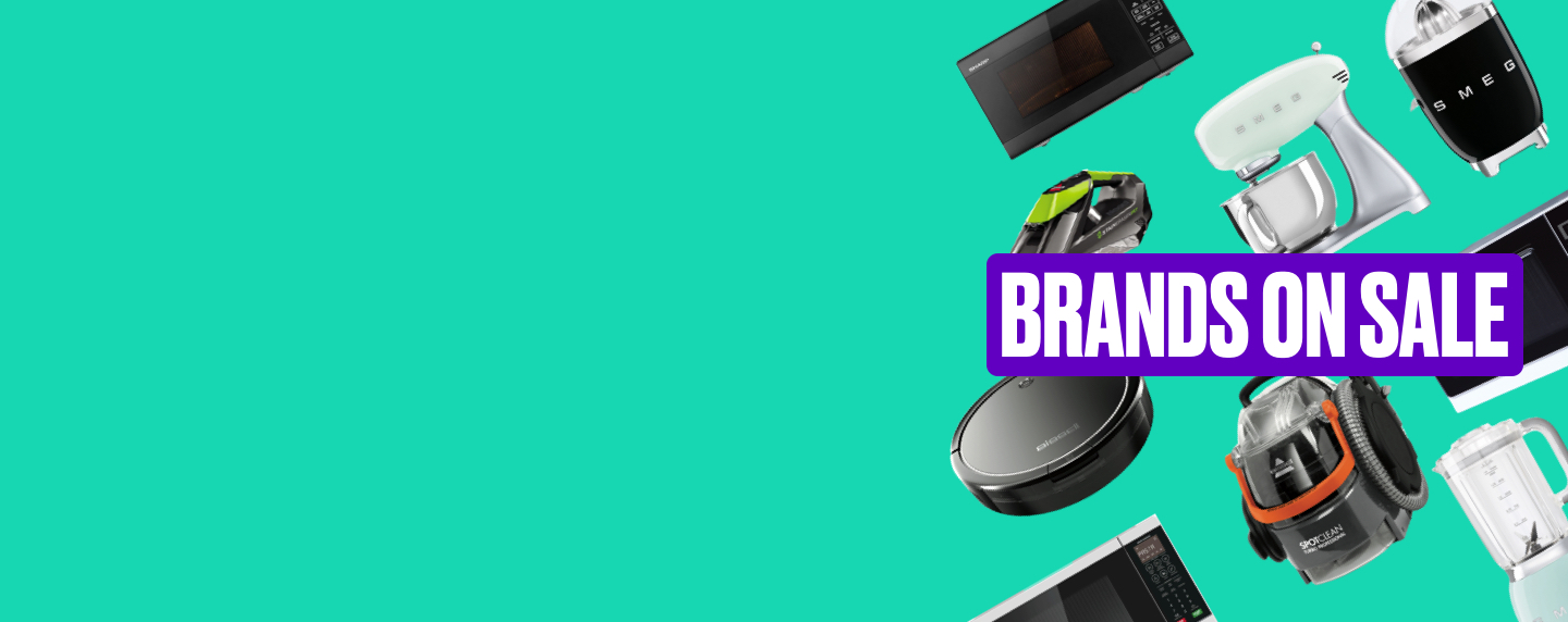 Brands on sale on green background surrounded by appliances 