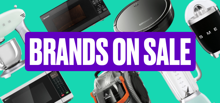 Brands on sale on green background surrounded by appliances 