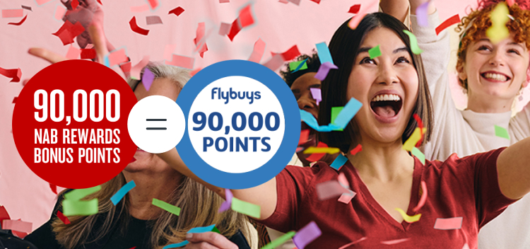 90,000 NAB Rewards Bonus Roundel equal 90,000 Flybuys points roundel on background with friends celebrating