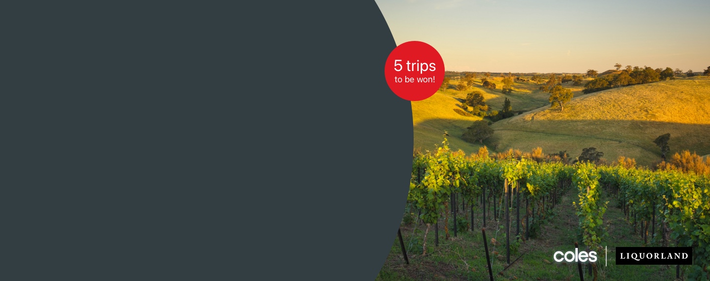 5 trips to be won roundel and Coles and Liquorland Land logo on Barossa valley backdrop