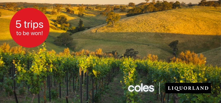 5 trips to be won roundel and Coles and Liquorland Land logo on Barossa valley backdrop
