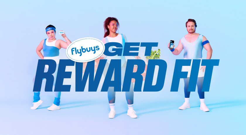 Flybuys get reward fit with three people in lyra holding coles shopping baskets, phone and Flybuys card