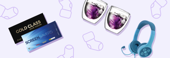 12 stocking fillers from the Rewards Store Cinema vouchers, glassware and headphones on purple stocking background
