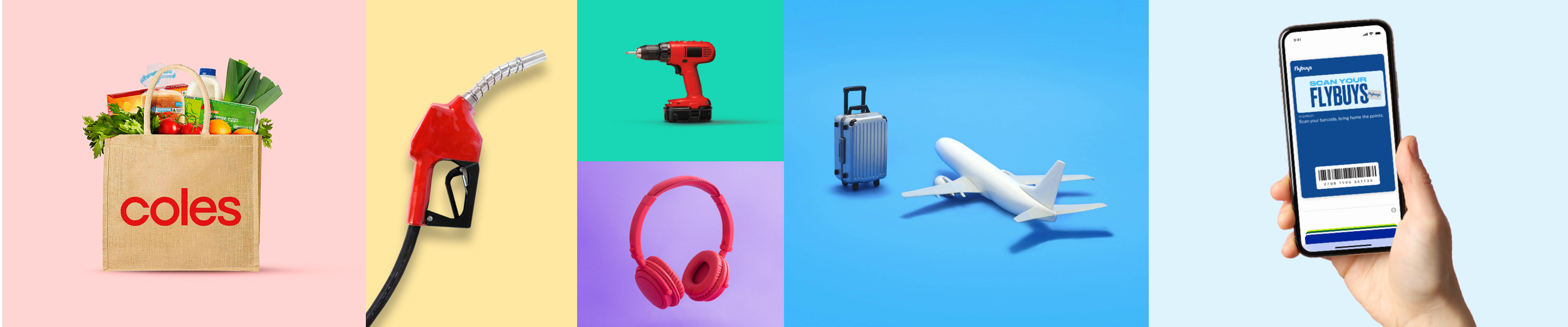 Coles shopping bag, gas pump, drill, headphones, suitcase and plane and hand holding Flybuys app