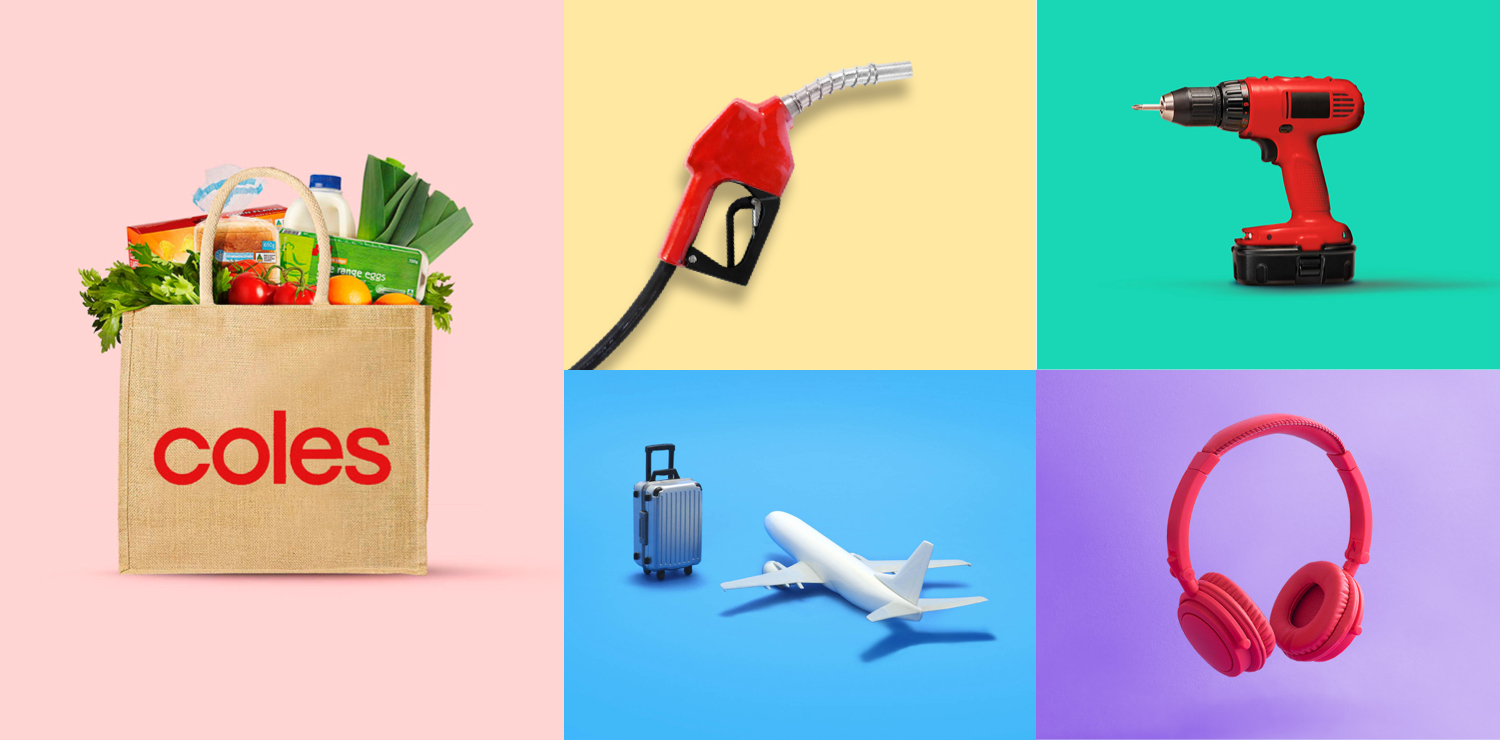 Coles shopping bag, gas pump, drill, headphones, suitcase and plane and hand holding Flybuys app