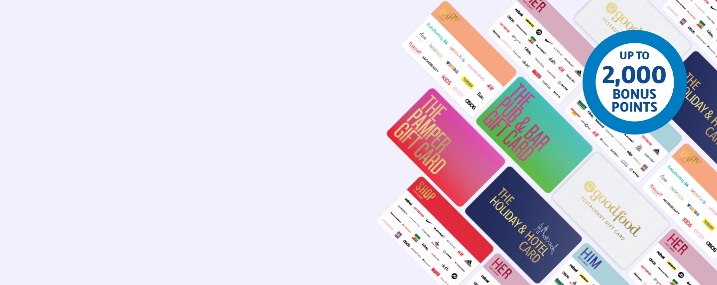 Assortment of gift cards and 2,000 bonus point roundel