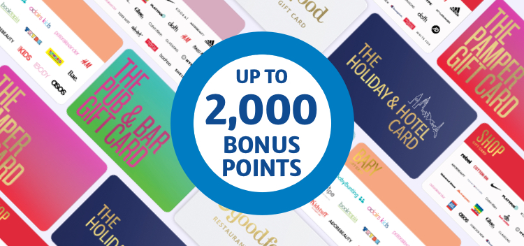 Assortment of gift cards and 2,000 bonus point roundel