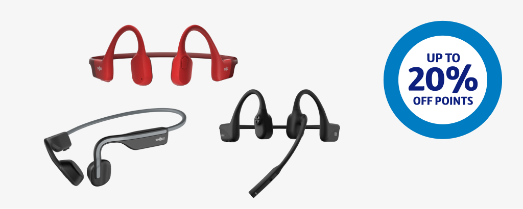 Wireless Shokz headphones next to up to 20% off points roundel