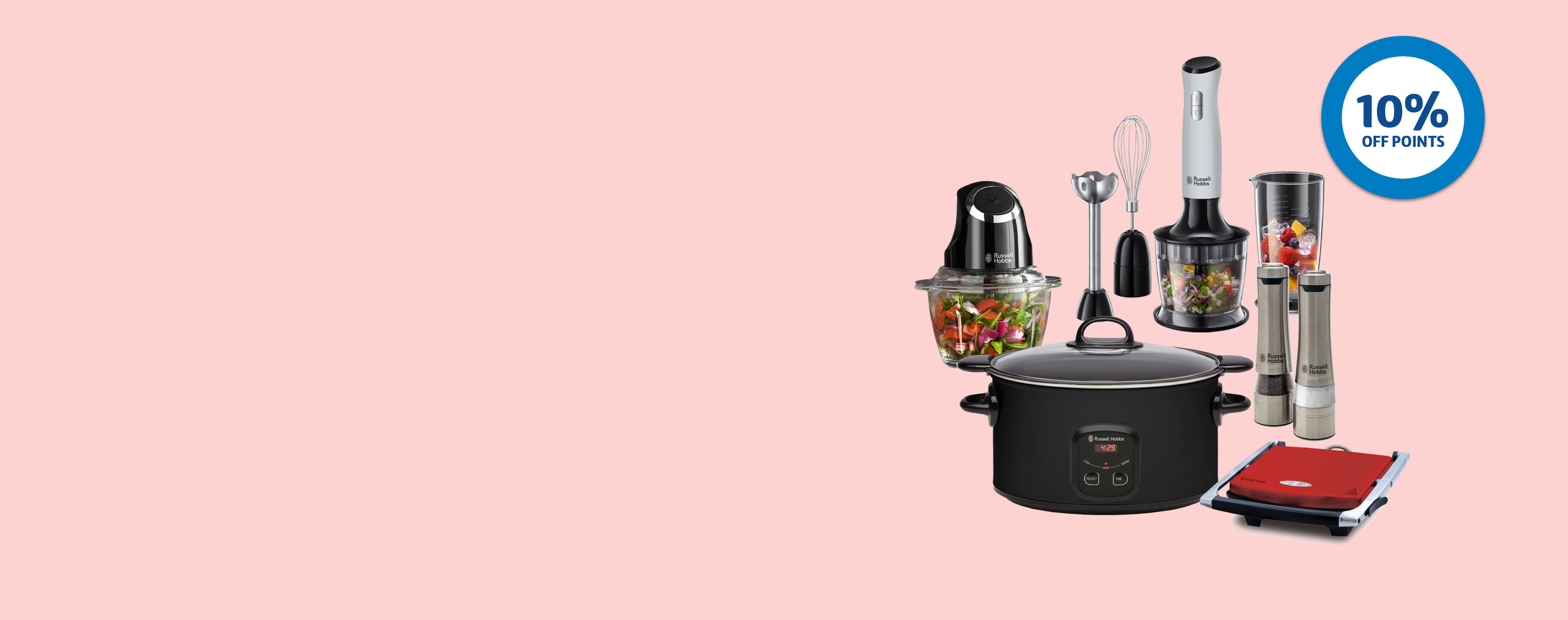 A range of Russell Hobbs branded small appliances against a pink background