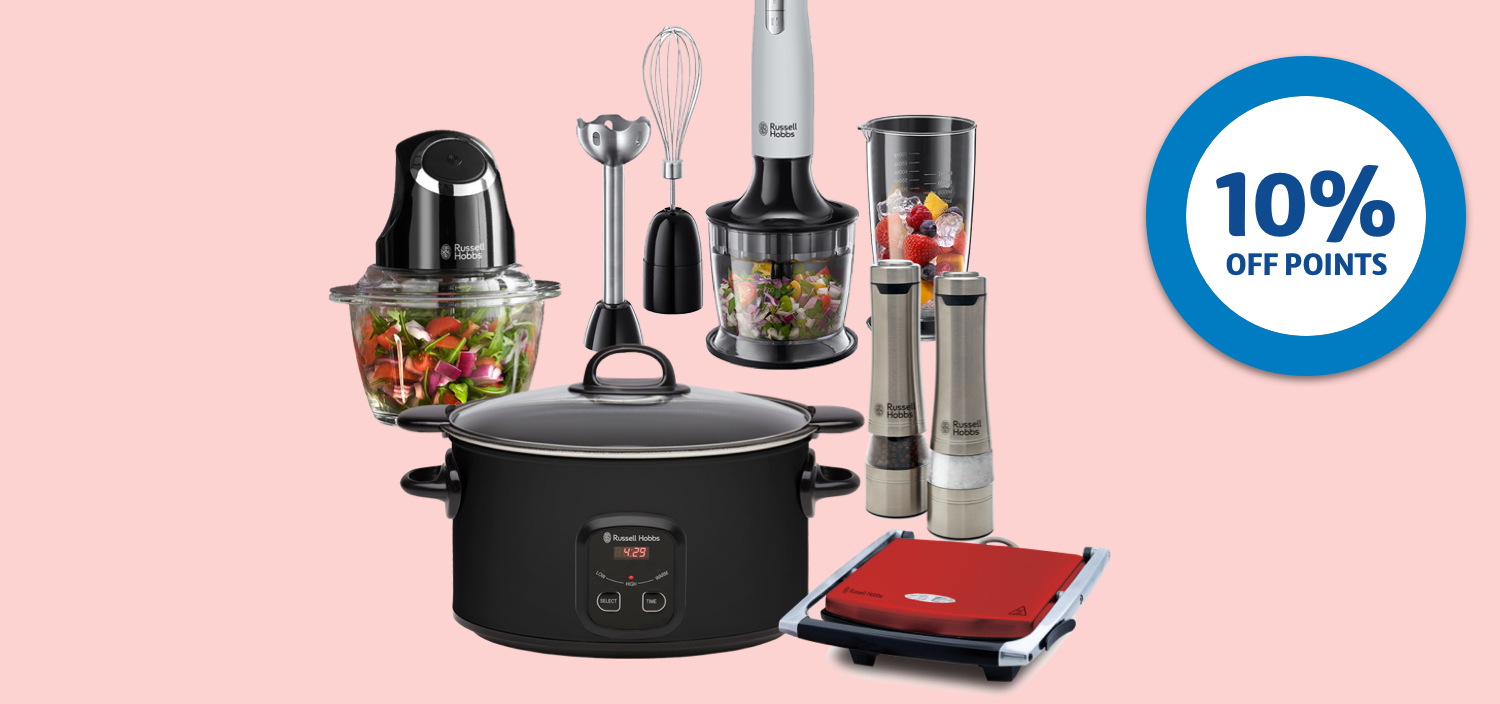 A range of Russell Hobbs branded small appliances against a pink background