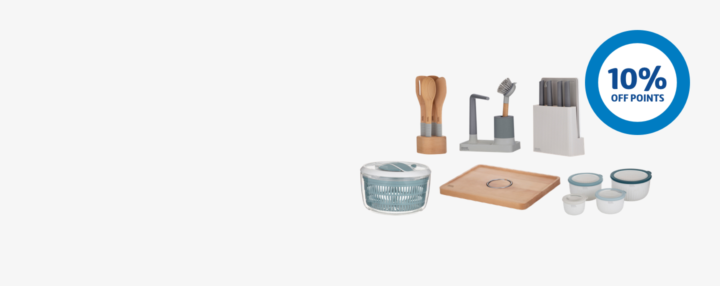 An assortment of Grand Design kitchenware next to 10% off points roundel