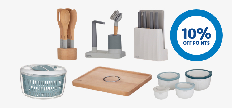 An assortment of Grand Design kitchenware next to 10% off points roundel