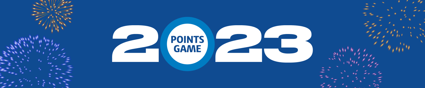 Fireworks surrounding 2023 with points game roundel