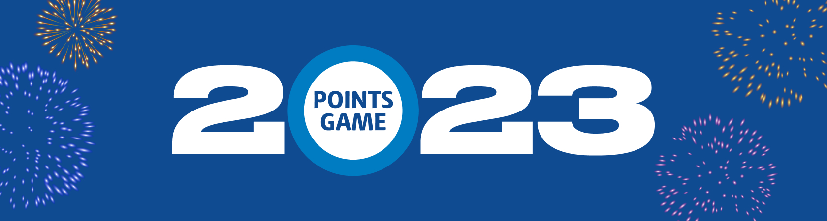 Fireworks surrounding 2023 with points game roundel