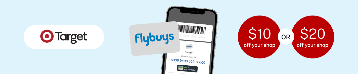Target logo next to Flybuys logo onto of phone and $10 off your shop equals $20 off your shop roundel