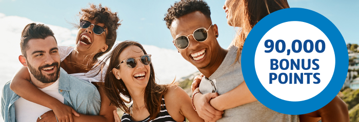 Score 90,000 Flybuys Points with NAB Group of smiling friends next the roundel that says '90,000 Bonus Points'
