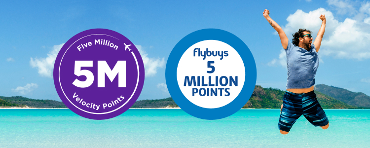 Man leaping in the air on beach front with roundels with text '5 million velocity points' and 'Flybuys 5 million points'