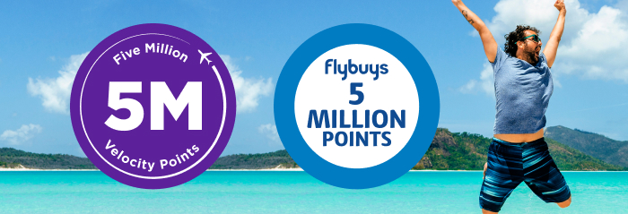 Man leaping in the air on beach front with roundels with text '5 million velocity points' and 'Flybuys 5 million points'